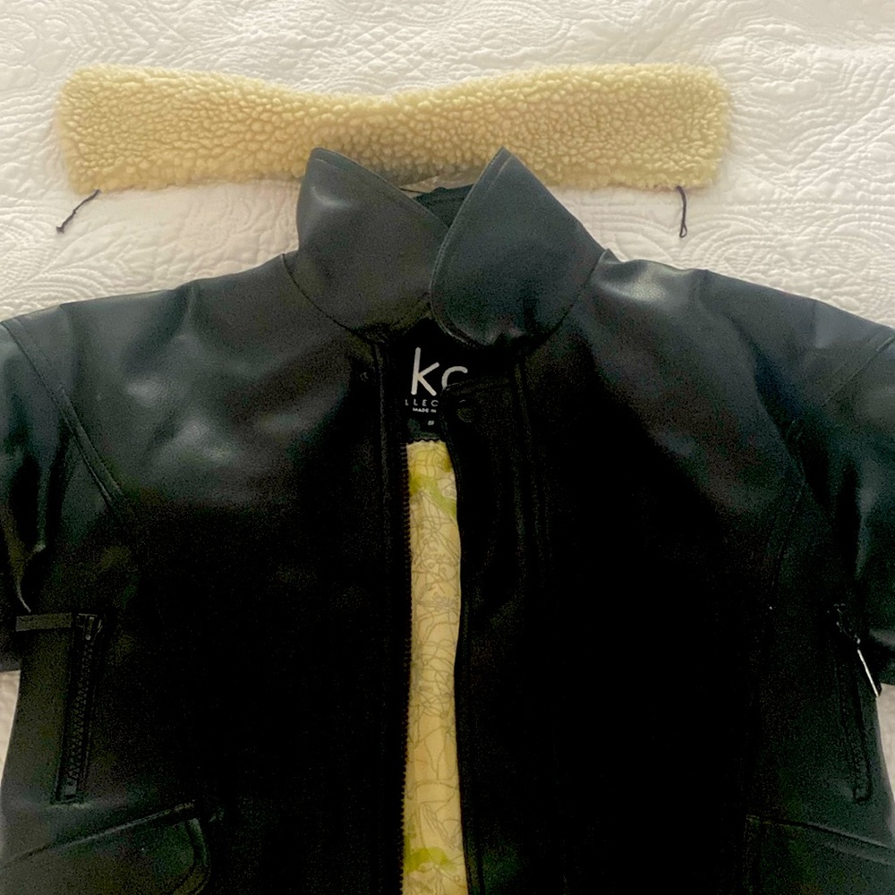 Child’s faux leather bomber jacket with removable fur collar; 1x worn